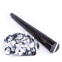 Konfetti Bomberør, Metalstreamers, Silver 80cm rør