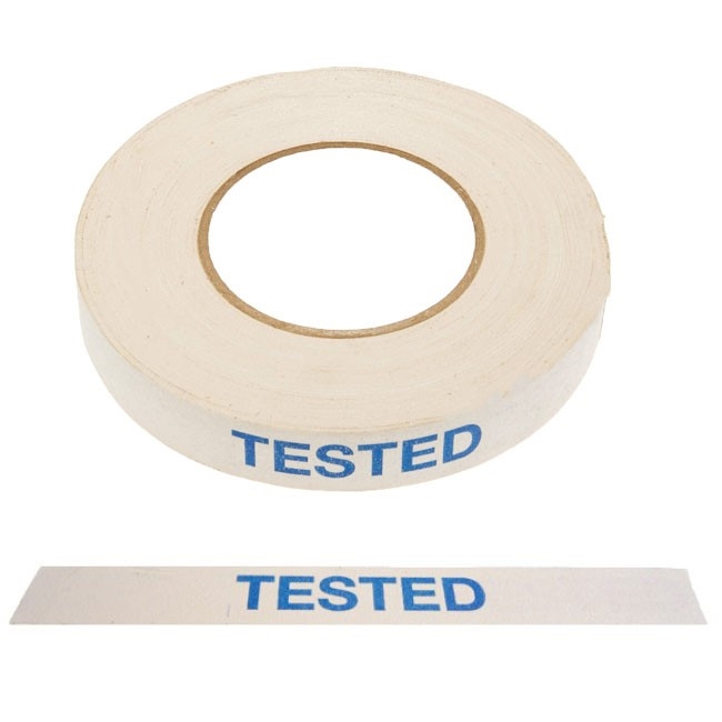 Tape ´´Tested´´, 24mm x 50m Hvid med blå skrift